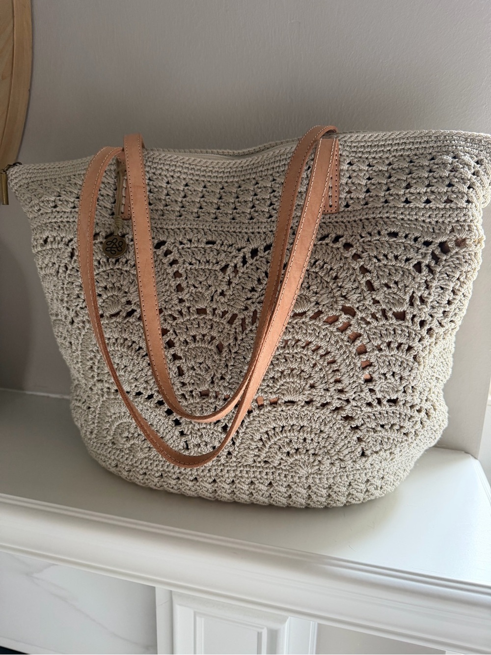 The Sak Faye Crochet Tote with Tan Leather Straps NWOT